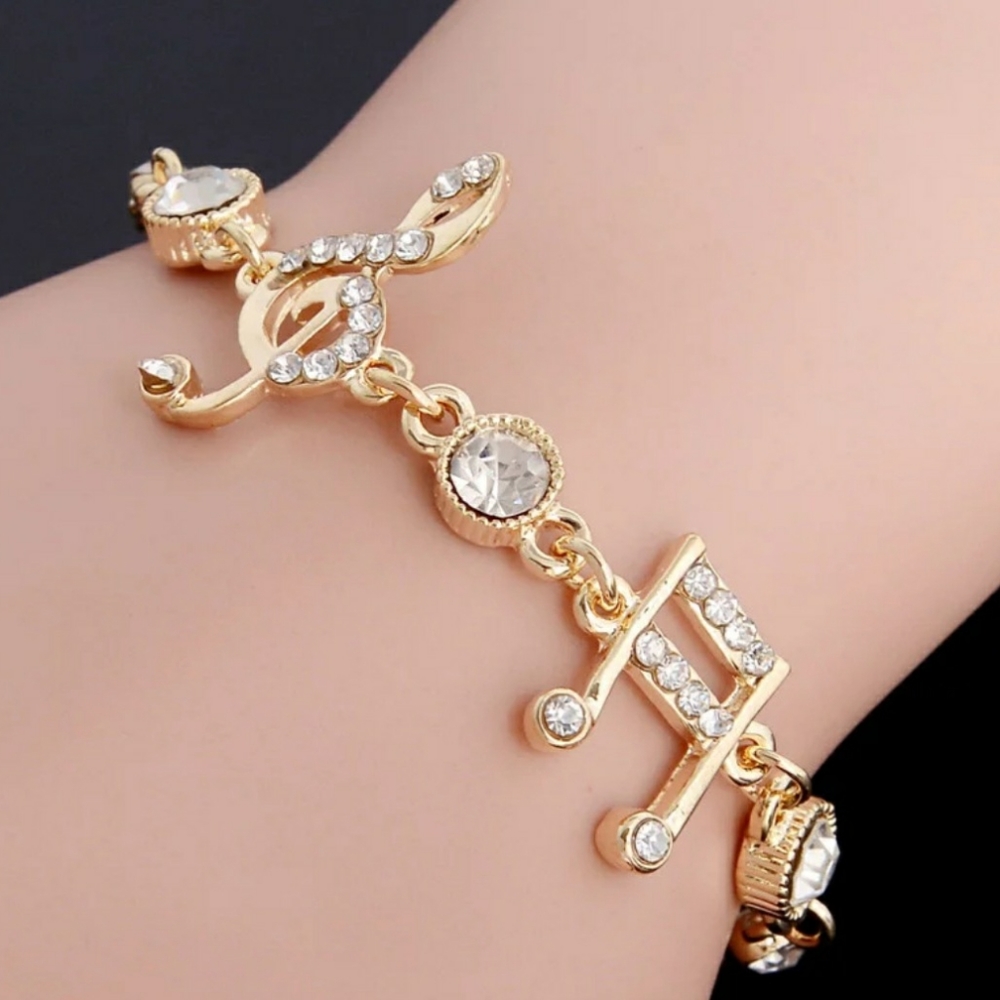 NEW Gold Music Bracelet with Zircons and Rhinestones Treble Clef 16th Note
